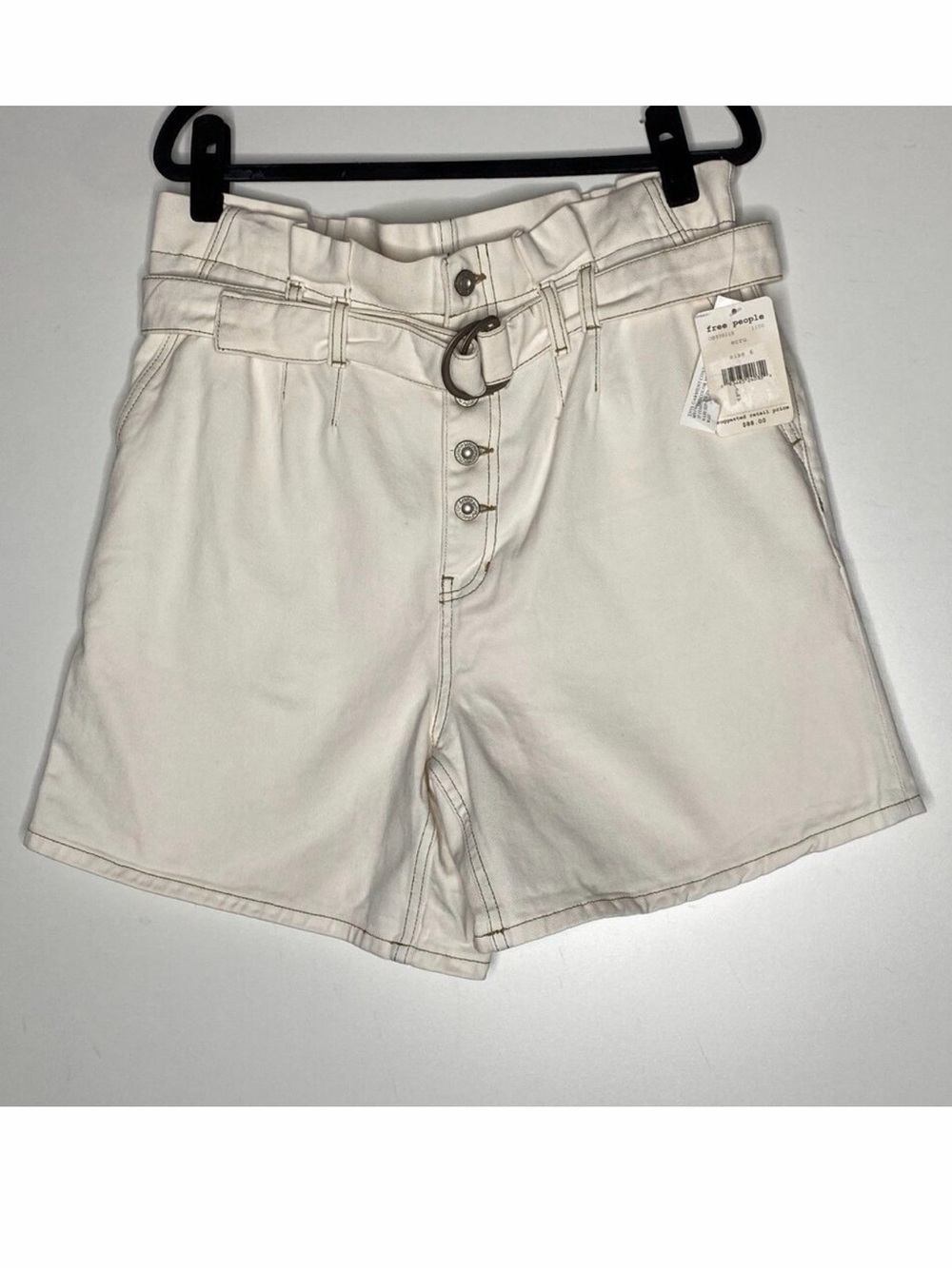 Free People Cream High-Rise Button-Fly Paperbag Shorts with Belt